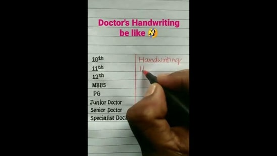 A screengrab from the viral video that shows how a doctor's handwriting changes over time.(Twitter/@anandmahindra)