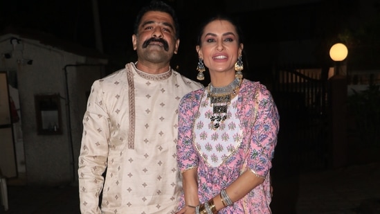 Eijaz Khan attended Ekta Kapoor's Ganpati gathering with girlfriend Pavitra Punia. The two had met in the Bigg Boss 14 house and have been together ever since. They continue to be spotted at parties and events. (Varinder Chawla)