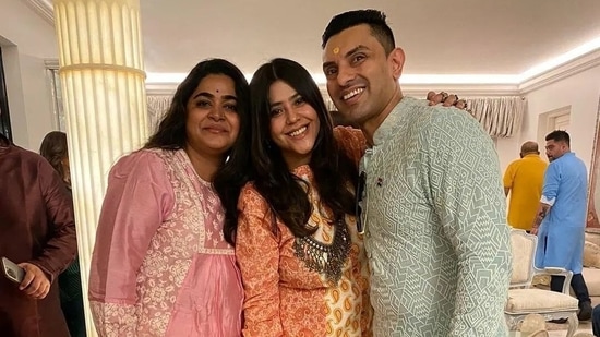 Ekta Kapoor was joined by filmmaker Ashwiny Iyer Tiwary at her Ganpati gathering hosted at her residence on Saturday. Many other celebs including Karan V Grover, Aly Goni and Jasmin Bhasin, Eijaz Khan and Pavitra Punia also attended the event.&nbsp;