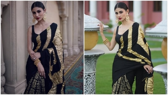 Today, Mouni posted pictures of her traditional avatar on Instagram with the caption "Happy Radha Ashtami #BrahamatraPromotions." The star's six yards is from the shelves of designer Masaba Gupta's eponymous label, House of Masaba. She teamed it with a matching sleeveless blouse.(Instagram)