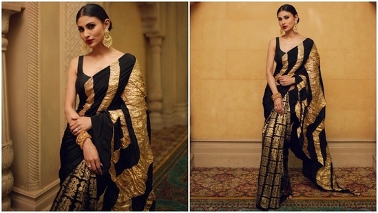 In the end, Mouni chose gold-toned ornate jewellery to accessorise the traditional ensemble. She picked jhumkis, an ornate bracelet, rings and matching high heels. A sleek low bun added a chic finishing touch to the six yards.(Instagram)