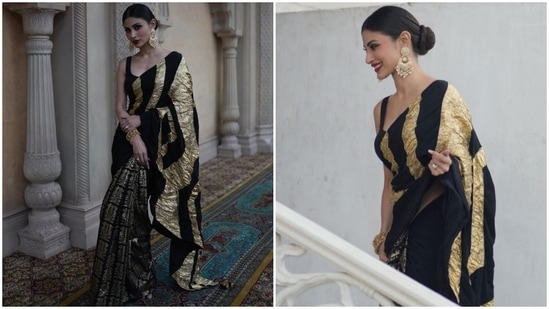 Mouni draped the six yards in traditional style, letting the pallu fall from her shoulder in a floor-grazing train. Lastly, the star rounded off the look with a sleeveless solid black blouse featuring a wide U-neckline and a fitted silhouette.(Instagram)