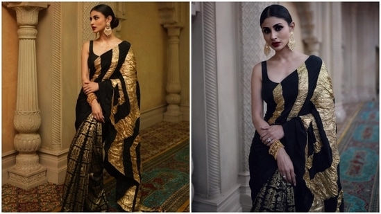 On Friday, Mouni joined Alia Bhatt, Ranbir Kapoor, Karan Johar, Nagarjuna, Jr NTR, SS Rajamouli and the makers of Brahmastra to promote the film. The star draped herself in a classic black and gold saree for the occasion and transported us into a vintage dream with her bold and chic look.(Instagram)