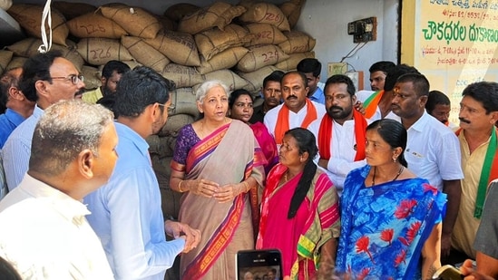 Union finance minister Nirmala Sitharaman inspects a ration shop at Birkoor village in Banswada town during her visit to Zaheerabad, Telangana, on Friday. (Nirmala Sitharaman twitter)