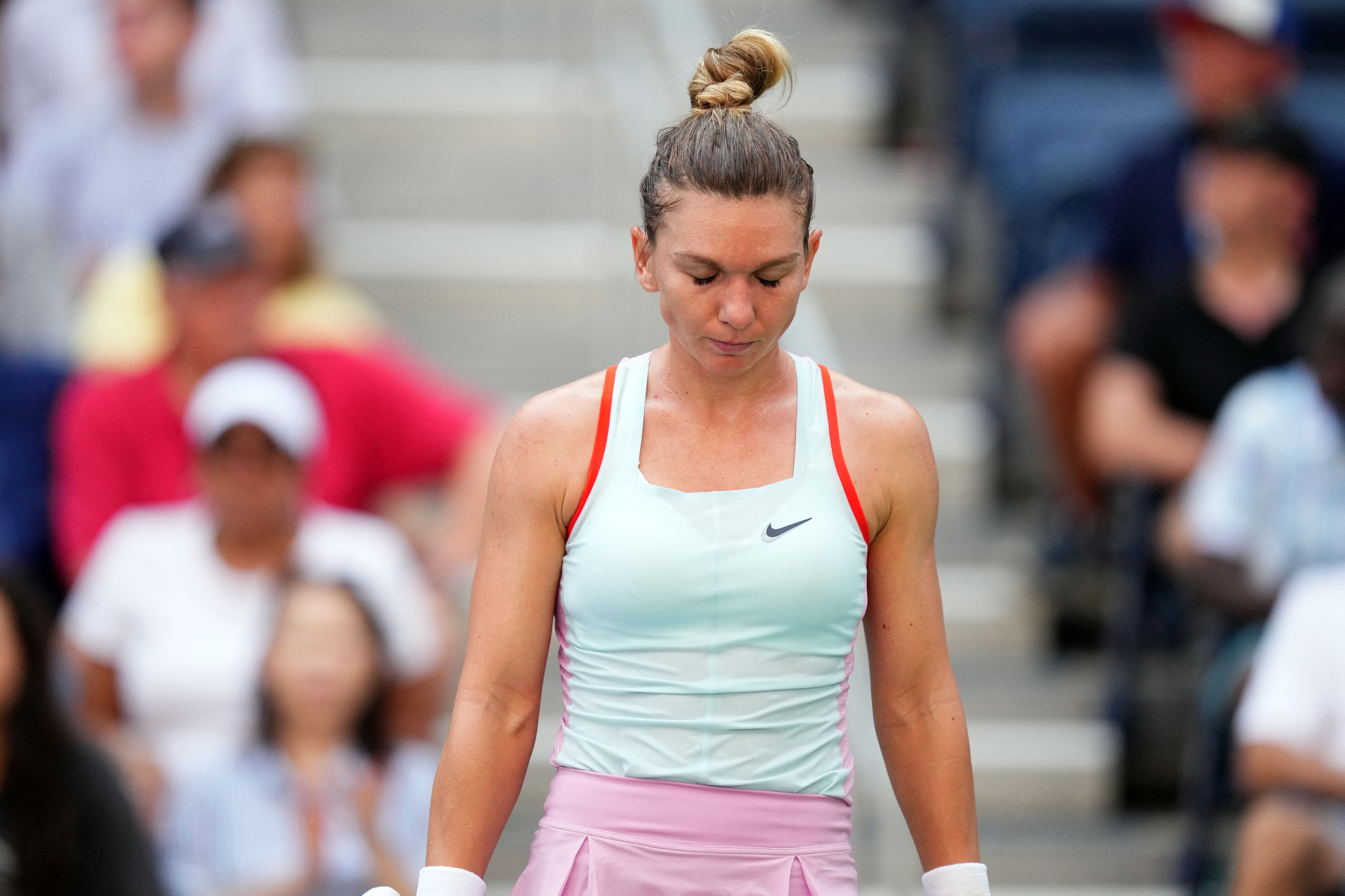 Simona Halep of Romania reacts during a match against Daria Snigur of Ukraine on day one of the 2022 U.S. Open (USA TODAY Sports)