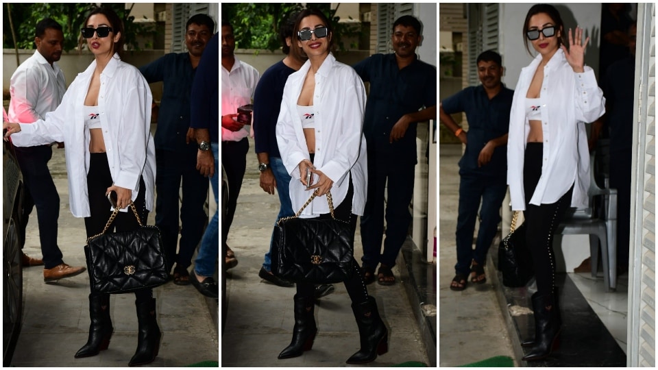 Malaika Arora in co-ord check bralette, leggings and long coat