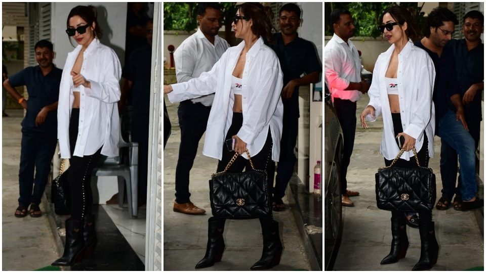 Malaika Arora in co-ord check bralette, leggings and long coat