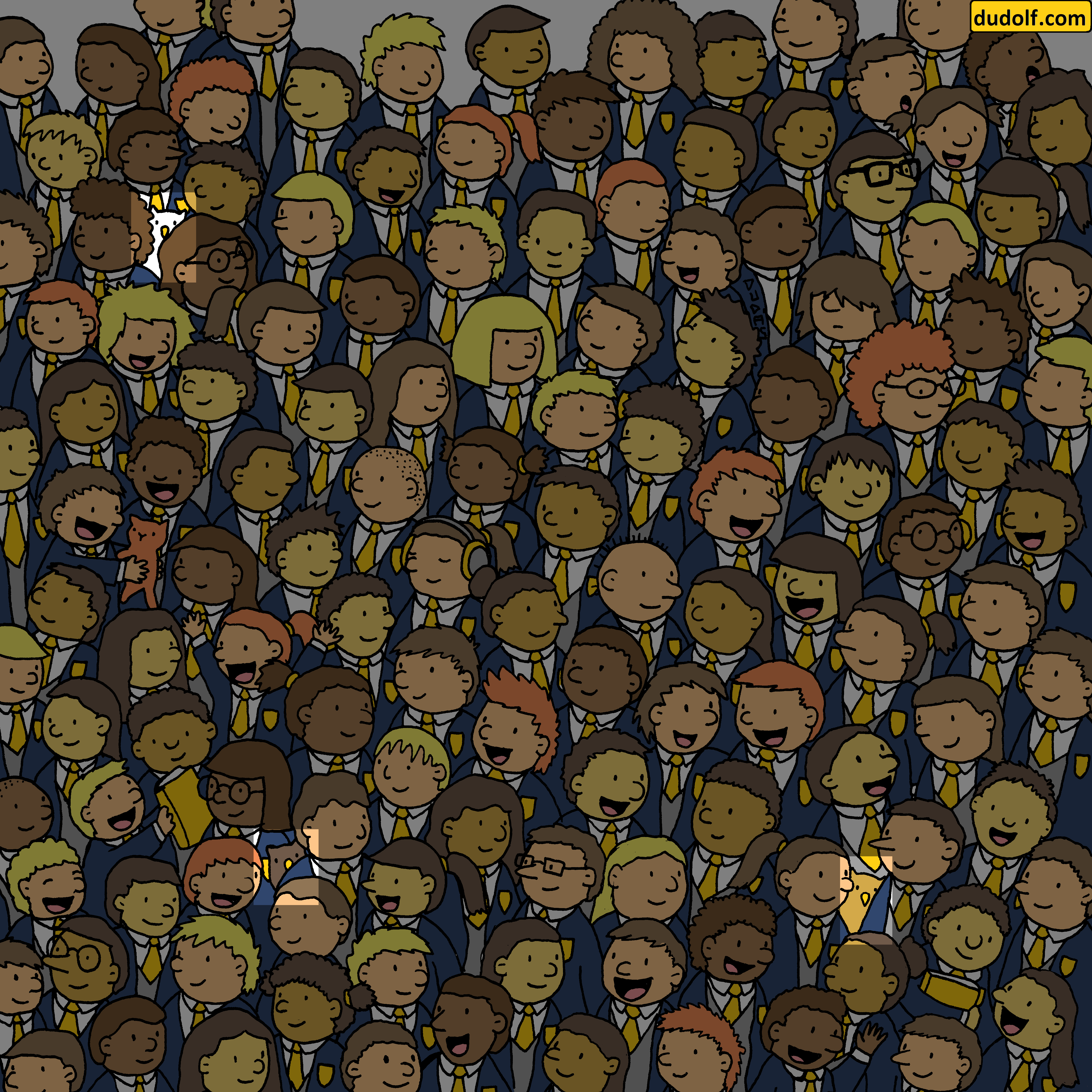 The image highlights three different coloured owls hidden among the students. (Instagram/@thedudolf) The image highlights three different coloured owls hidden among the students. (Instagram/@thedudolf)