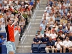Andrey Rublev celebrates after match point against Cameron Norrie (GBR) (not pictured) on day eight of the 2022 U.S. Open tennis tournament