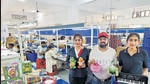 Jitender Singh with his daughters at their toy manufacturing unit in Kundli. (HT Photo) Jitender Singh with his daughters at their toy manufacturing unit in Kundli. (HT Photo)