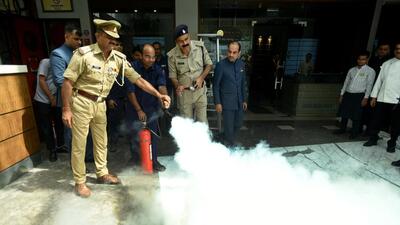 The Gautam Budh Nagar fire department conducted mock drills (in photo) and issued notices to eight buildings for not having fire safety measures in place, said officials. (Sunil Ghosh /HT Photo) The Gautam Budh Nagar fire department conducted mock drills (in photo) and issued notices to eight buildings for not having fire safety measures in place, said officials. (Sunil Ghosh /HT Photo)