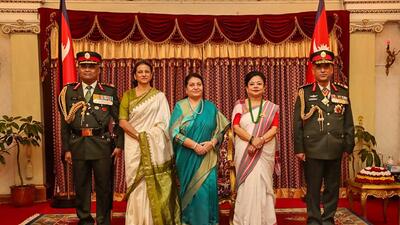 Chief of Army Staff General Manoj Pande during a meeting with President of Nepal Bidya Devi Bhandari (C), at President's official residence in Kathmandu on Monday. (PTI) Chief of Army Staff General Manoj Pande during a meeting with President of Nepal Bidya Devi Bhandari (C), at President's official residence in Kathmandu on Monday. (PTI)