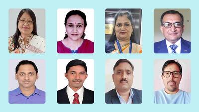 Left to right, (Top) Gamchi Timre R Marak, Mamta Ahar, Rajni Sharma, Amit Kumar, (Bottom) Arun Kumar Garg, Kandala Ramaiah, Khursheed Ahmed and Mohd Jabir who were presented National Teachers’ Award 2022 Left to right, (Top) Gamchi Timre R Marak, Mamta Ahar, Rajni Sharma, Amit Kumar, (Bottom) Arun Kumar Garg, Kandala Ramaiah, Khursheed Ahmed and Mohd Jabir who were presented National Teachers’ Award 2022