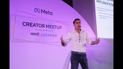 Paras Sharma, director and head of content & community partnerships, Facebook India (Meta) speaking at the creator’s meet-up (HT Photo)