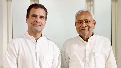 Congress leader Rahul Gandhi with Bihar chief minister Nitish Kumar at the former’s residence in New Delhi on Monday. (PTI) Congress leader Rahul Gandhi with Bihar chief minister Nitish Kumar at the former’s residence in New Delhi on Monday. (PTI)