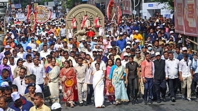 West Bengal Chief Minister Mamata Banerjee earlier took out a rally thanking UNESCO for putting Durga Puja on the intangible cultural heritage representative list, in Kolkata. (ANI) West Bengal Chief Minister Mamata Banerjee earlier took out a rally thanking UNESCO for putting Durga Puja on the intangible cultural heritage representative list, in Kolkata. (ANI)