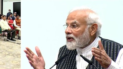 Prime Minister Narendra Modi interacts with National Award winning teachers on the occasion of the Teachers' Day in New Delhi on Monday. (ANI Photo) (ANI)