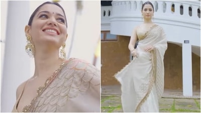 Tamannaah Bhatia raised the glam quotient in this sheer white saree featuring shimmery golden borders. She teamed her 6-yards with a golden sleeveless blouse. (Instagram/@tamannaahspeaks) Tamannaah Bhatia raised the glam quotient in this sheer white saree featuring shimmery golden borders. She teamed her 6-yards with a golden sleeveless blouse. (Instagram/@tamannaahspeaks)