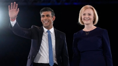 Rishi Sunak and Liz Truss on a stage after a Conservative leadership election hustings at Wembley Arena in London. (AP file) Rishi Sunak and Liz Truss on a stage after a Conservative leadership election hustings at Wembley Arena in London. (AP file)