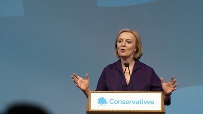 British lawmaker Liz Truss speaks after winning the Conservative Party leadership contest at the Queen Elizabeth II Centre in London. (AP)