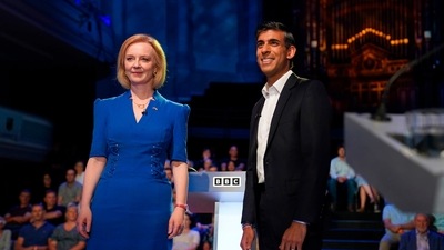Liz Truss and Rishi Sunak before taking part in the BBC Conservative Party leadership debate in Stoke-on-Trent, England, (AP) Liz Truss and Rishi Sunak before taking part in the BBC Conservative Party leadership debate in Stoke-on-Trent, England, (AP)