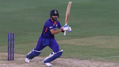 India's Virat Kohli plays a shot during the Asia Cup Twenty20 international cricket Super Four match between India and Pakistan
