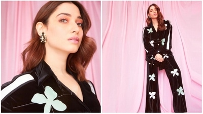 Tamannaah Bhatia dropped the trailer of her film Babli Bouncer today, September 5. She has kickstarted with the promotions of the film and for a recent event, the actor donned a comfy yet stylish floral velvet co-ord set. (Instagram/@tamannaahspeaks) Tamannaah Bhatia dropped the trailer of her film Babli Bouncer today, September 5. She has kickstarted with the promotions of the film and for a recent event, the actor donned a comfy yet stylish floral velvet co-ord set. (Instagram/@tamannaahspeaks)