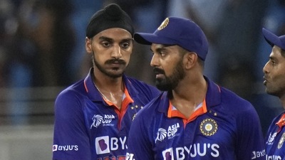Arshdeep Singh, left, reacts after India lose in their Super 4 opener of Asia Cup against Pakistan, in Dubai. (AP) Arshdeep Singh, left, reacts after India lose in their Super 4 opener of Asia Cup against Pakistan, in Dubai. (AP)