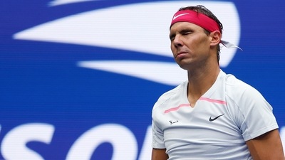 Rafael Nadal of Spain reacts against Frances Tiafoe of the United States during their Men's Singles Fourth Round match on Day Eight of the 2022 US Open Rafael Nadal of Spain reacts against Frances Tiafoe of the United States during their Men's Singles Fourth Round match on Day Eight of the 2022 US Open