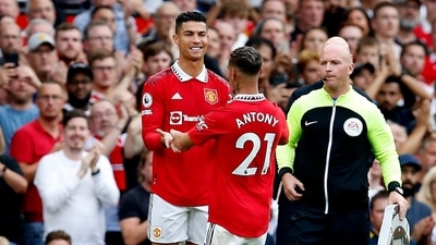 Manchester United's Cristiano Ronaldo comes on as a substitute to replace Antony&nbsp; (REUTERS)