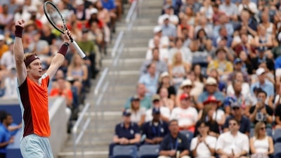 Andrey Rublev celebrates after match point against Cameron Norrie (GBR) (not pictured) on day eight of the 2022 U.S. Open tennis tournament (USA TODAY Sports)