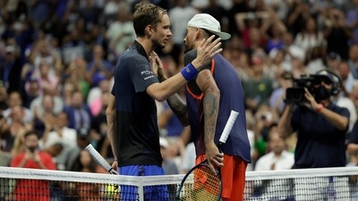 Daniil Medvedev, left, of Russia, and Nick Kyrgios, right, of Australia, greet each other after Kyrgios won the match during the fourth round of the U.S. Open (AP) Daniil Medvedev, left, of Russia, and Nick Kyrgios, right, of Australia, greet each other after Kyrgios won the match during the fourth round of the U.S. Open (AP)