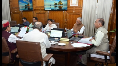 Chief minister Jai Ram Thakur presiding over the cabinet meeting at Himachal Pradesh secretariat in Shimla on Monday. (HT Photo)