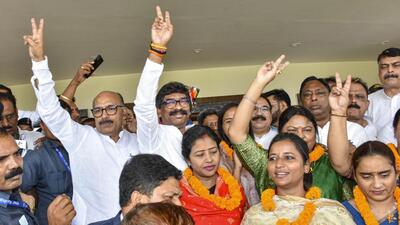 Jharkhand chief minister Hemant Soren celebrates after winning the floor test, in Ranchi on Monday. (PTI) Jharkhand chief minister Hemant Soren celebrates after winning the floor test, in Ranchi on Monday. (PTI)