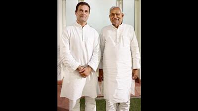 Bihar chief minister Nitish Kumar meets Congress leader Rahul Gandhi in New Delhi on Monday. (PTI) Bihar chief minister Nitish Kumar meets Congress leader Rahul Gandhi in New Delhi on Monday. (PTI)