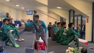 Pakistan’s dressing room during the 182-run chase against India on Sunday.&nbsp; (Screengrab)