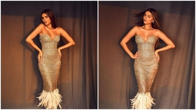 Tara Sutaria chanelled her inner Madonna in this dazzling mermaid inspired dress featuring feather detailing. (Instagram/@tarasutaria)