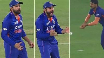 Rohit Sharma furious at Arshdeep Singh for dropping a catch against Pakistan in Asia Cup Super 4 game (Hotstar) Rohit Sharma furious at Arshdeep Singh for dropping a catch against Pakistan in Asia Cup Super 4 game (Hotstar)