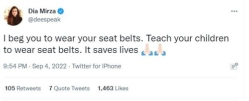 Dia Mirza asked people to wear seat belts.