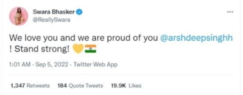 Swara Bhasker supported Arshdeep Singh.