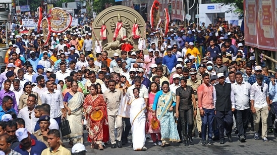 West Bengal Chief Minister Mamata Banerjee earlier took out a rally thanking UNESCO for putting Durga Puja on the intangible cultural heritage representative list, in Kolkata.(ANI)