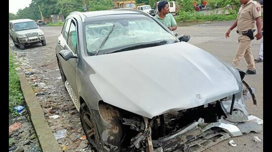 Wreackage of the Mercedes car in which businessman and former Tata Sons chairman Cyrus Mistry was travelling when it met with an accident in Palghar, Sunday on September 4, 2022. Mistry, 54, died in the accident. (PTI Photo)