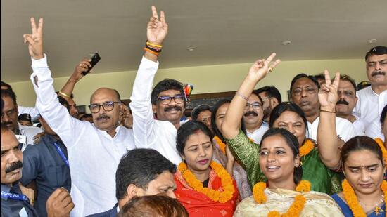 Jharkhand chief minister Hemant Soren celebrates after winning the floor test, in Ranchi on Monday. (PTI)