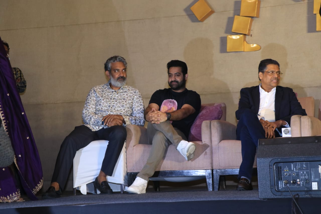 SS Rajamouli and Jr NTR joined the film's cast and producer Karan Johar for the pre-release press meet in Hyderabad on Saturday. SS Rajamouli and Jr NTR joined the film's cast and producer Karan Johar for the pre-release press meet in Hyderabad on Saturday.