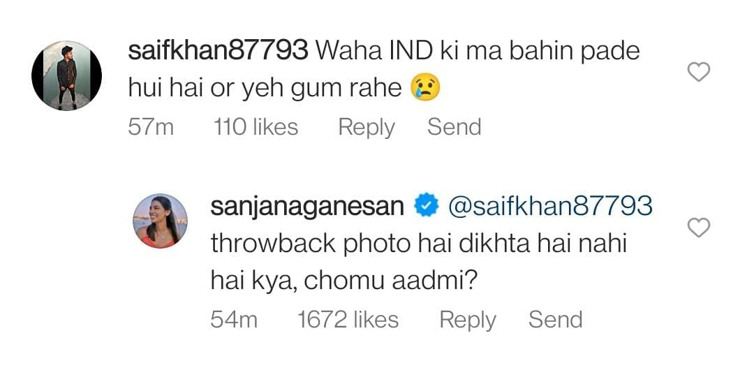 Sanjana Ganesan's reply to the troll on her post.