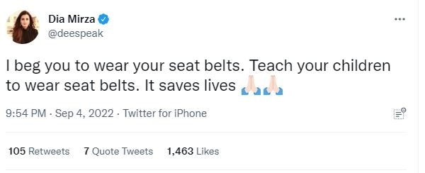 Dia Mirza asked people to wear seat belts.