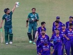 Khushdil Shah (L) celebrates with teammate Iftikhar Ahmed after Pakistan's win over India at Asia Cup(AFP) Khushdil Shah (L) celebrates with teammate Iftikhar Ahmed after Pakistan's win over India at Asia Cup(AFP)