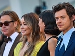 Chris Pine, Olivia Wilde, Sydney Chandler and Harry Styles arrive on September 5, 2022 for the screening of the film Don't Worry Darling presented out of competition as part of the 79th Venice International Film Festival at Lido di Venezia in Venice, Italy.(AFP)