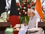 Prime Minister Narendra Modi (right) with his Bangladeshi counterpart Sheikh Hasina (left) during the release of a joint statement after their meeting, at Hyderabad House in New Delhi.(PTI) Prime Minister Narendra Modi (right) with his Bangladeshi counterpart Sheikh Hasina (left) during the release of a joint statement after their meeting, at Hyderabad House in New Delhi.(PTI)