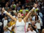 Aryna Sabalenka reacts after beating Danielle Collins of the USA on day eight of the 2022 U.S. Open tennis tournament at USTA Billie Jean King National Tennis Center.
